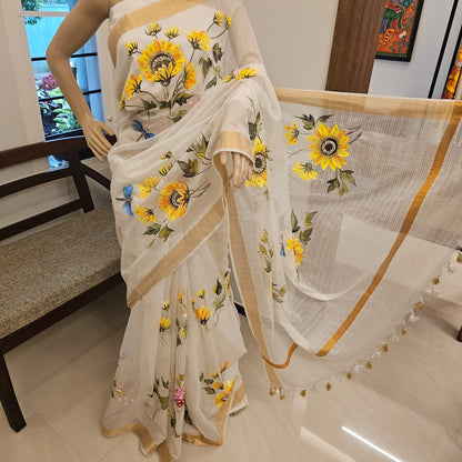 Bright Hand-Painted Saree with Sunflower Theme