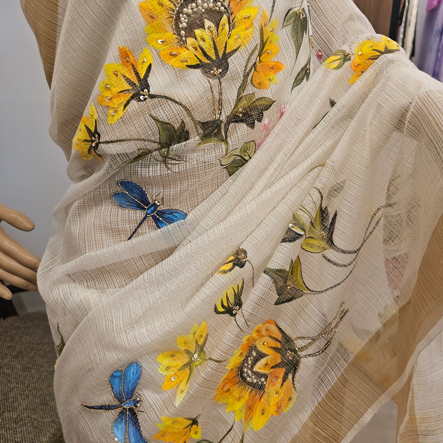 Bright Hand-Painted Saree with Sunflower Theme