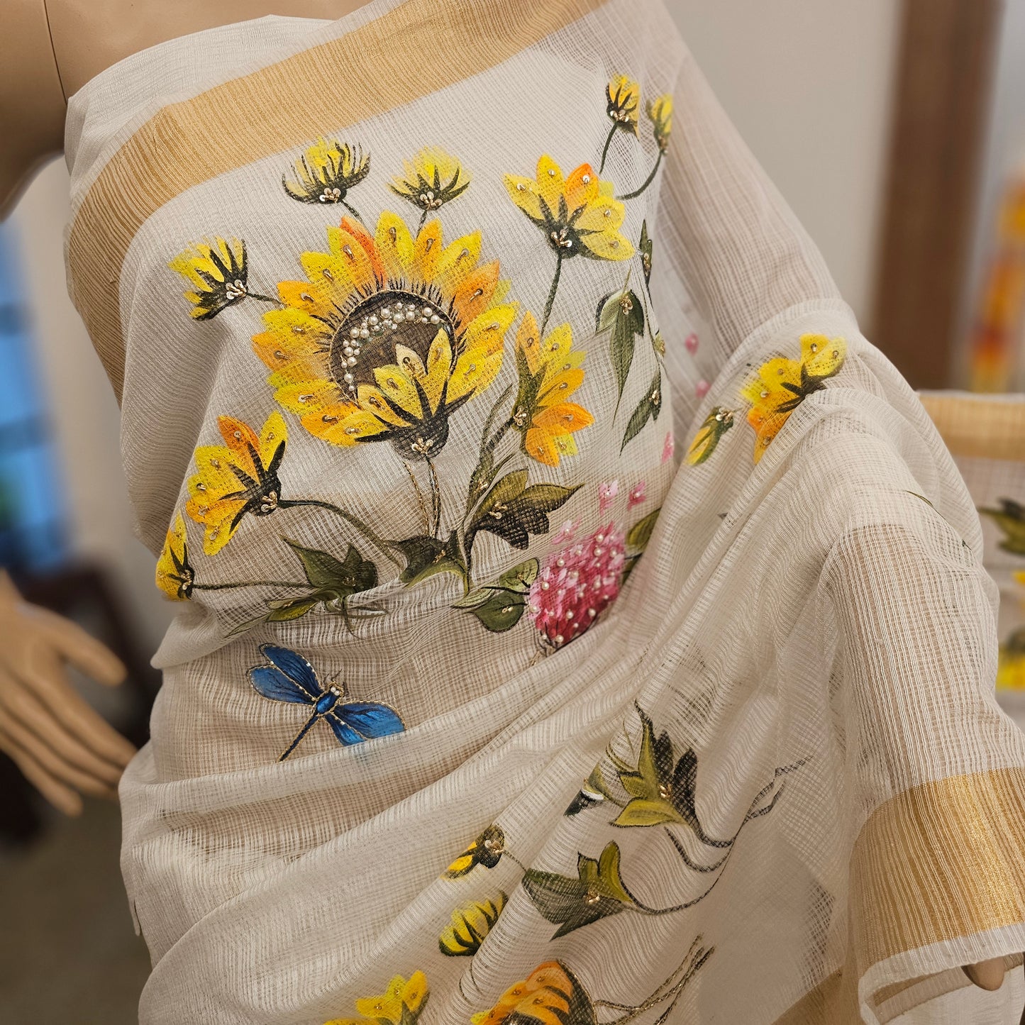 Bright Hand-Painted Saree with Sunflower Theme