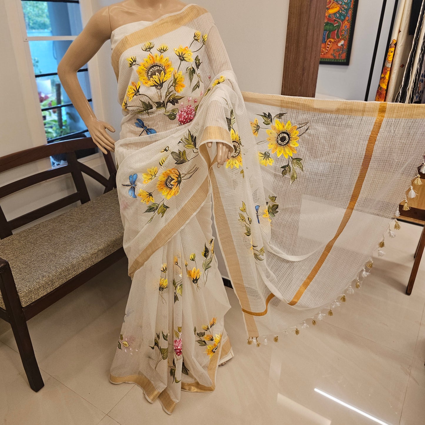 Bright Hand-Painted Saree with Sunflower Theme