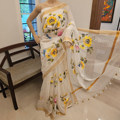 Bright Hand-Painted Saree with Sunflower Theme