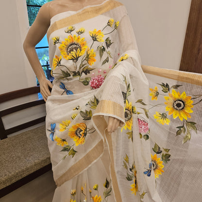 Bright Hand-Painted Saree with Sunflower Theme