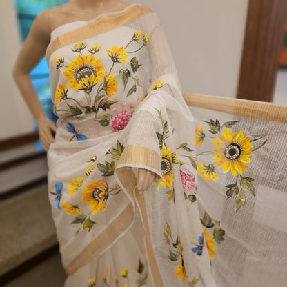 Bright Hand-Painted Saree with Sunflower Theme