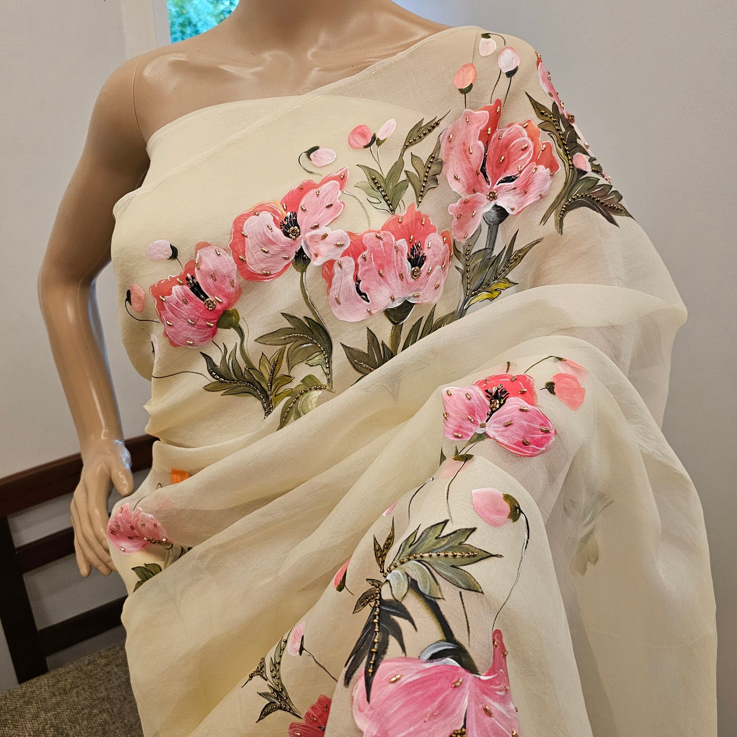 Elegant Pastel Yellow Hand-Painted Silk  Organza Saree