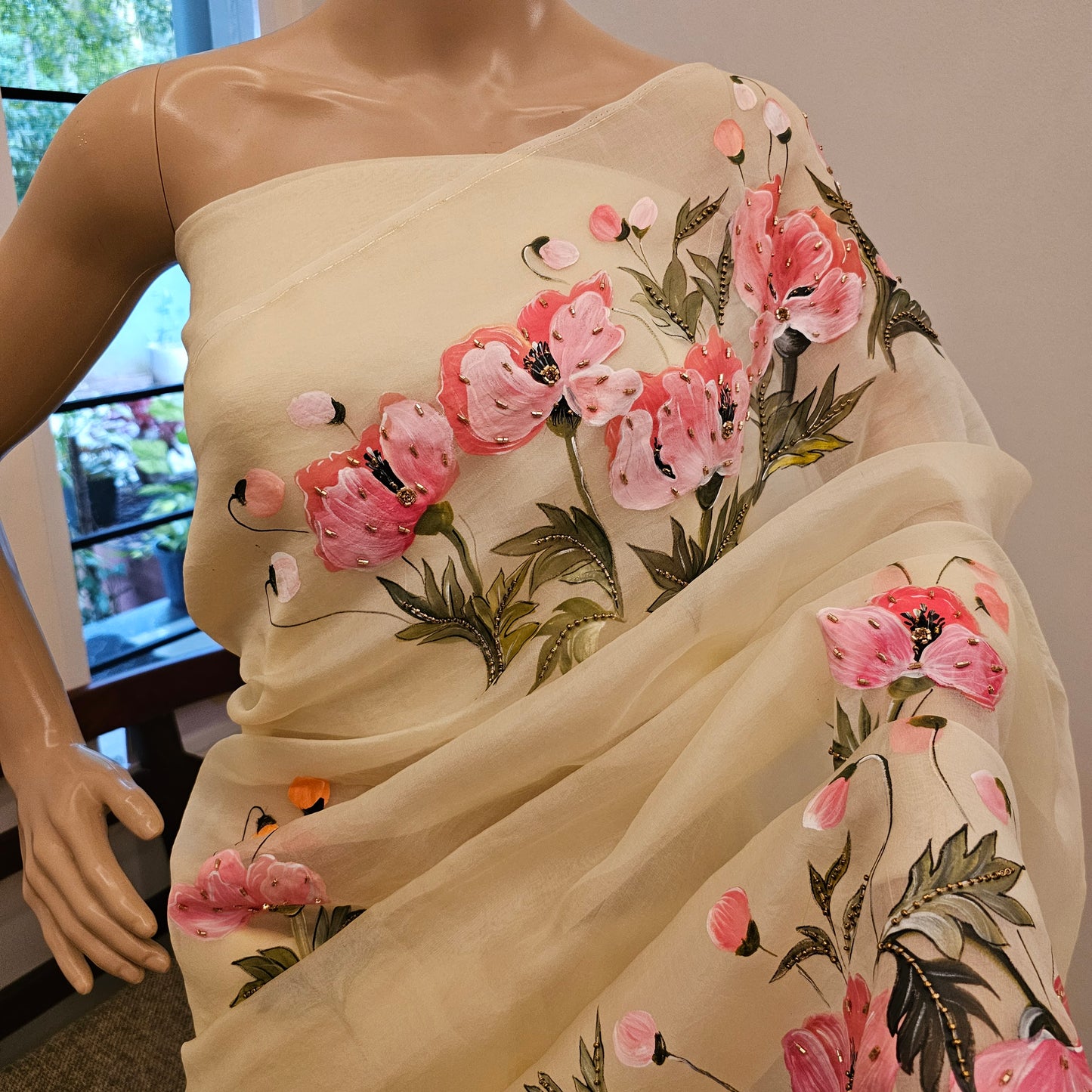 Elegant Pastel Yellow Hand-Painted Silk  Organza Saree