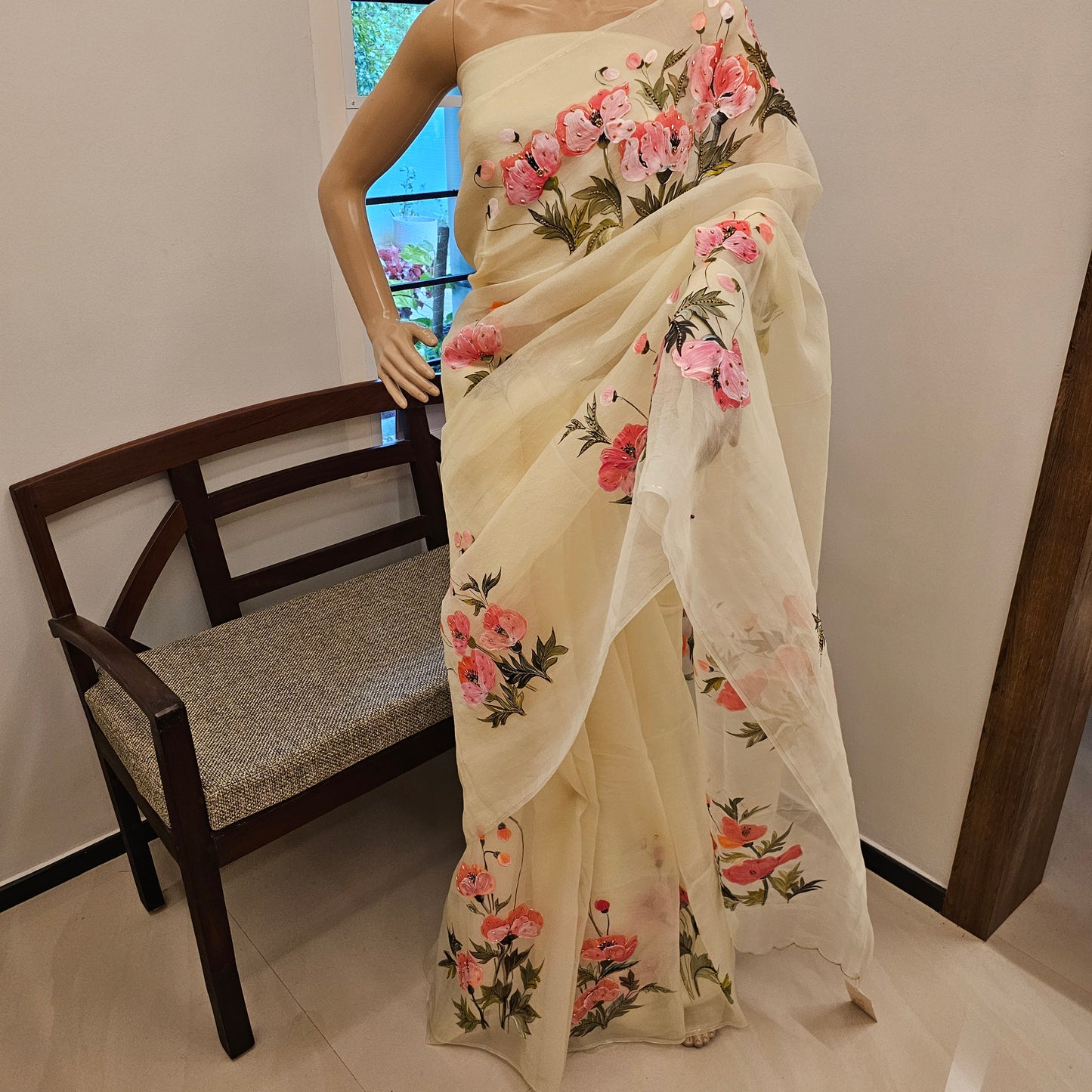 Elegant Pastel Yellow Hand-Painted Silk  Organza Saree