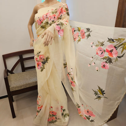 Elegant Pastel Yellow Hand-Painted Silk  Organza Saree