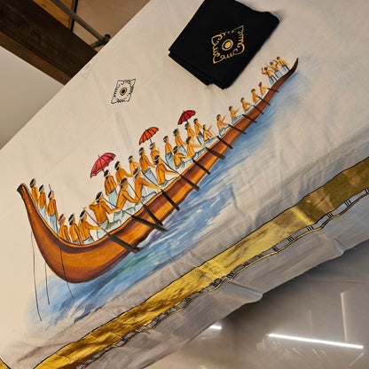 Hand-Painted Kerala Saree with Boat Race Motif