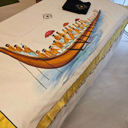 Hand-Painted Kerala Saree with Boat Race Motif