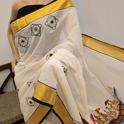 Hand-Painted Kerala Saree with Boat Race Motif