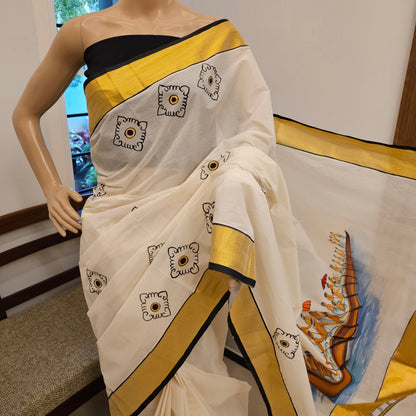 Hand-Painted Kerala Saree with Boat Race Motif