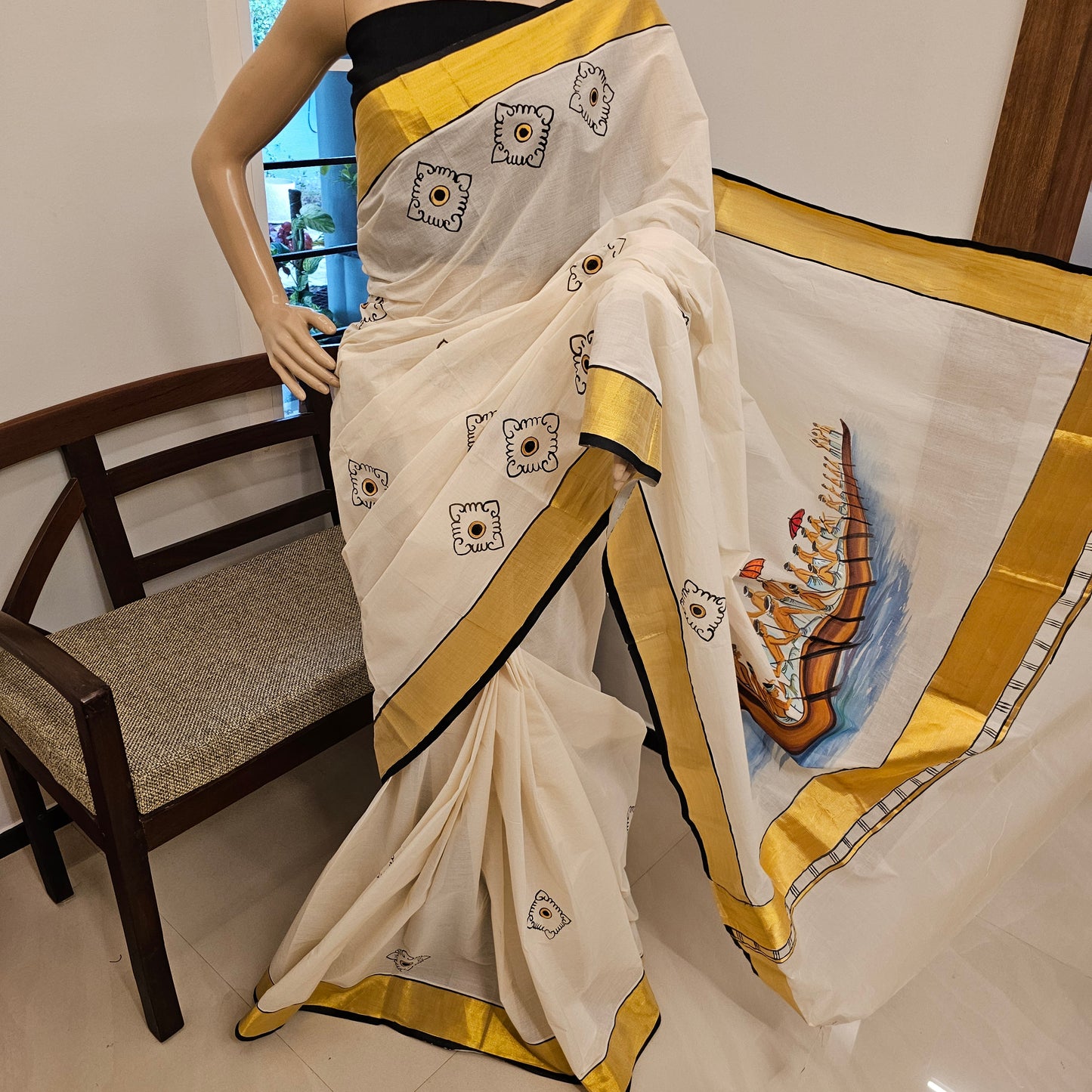 Hand-Painted Kerala Saree with Boat Race Motif