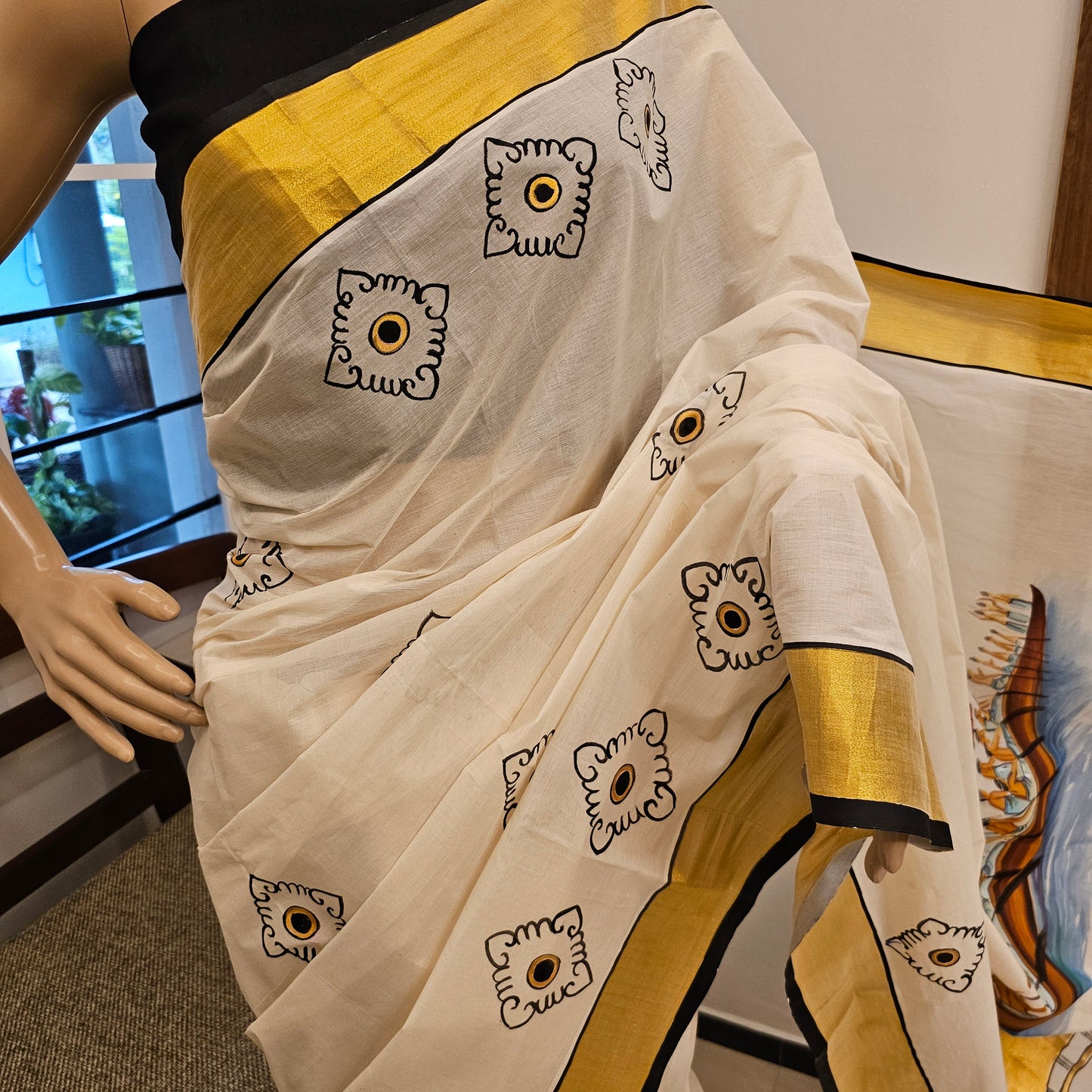 Hand-Painted Kerala Saree with Boat Race Motif