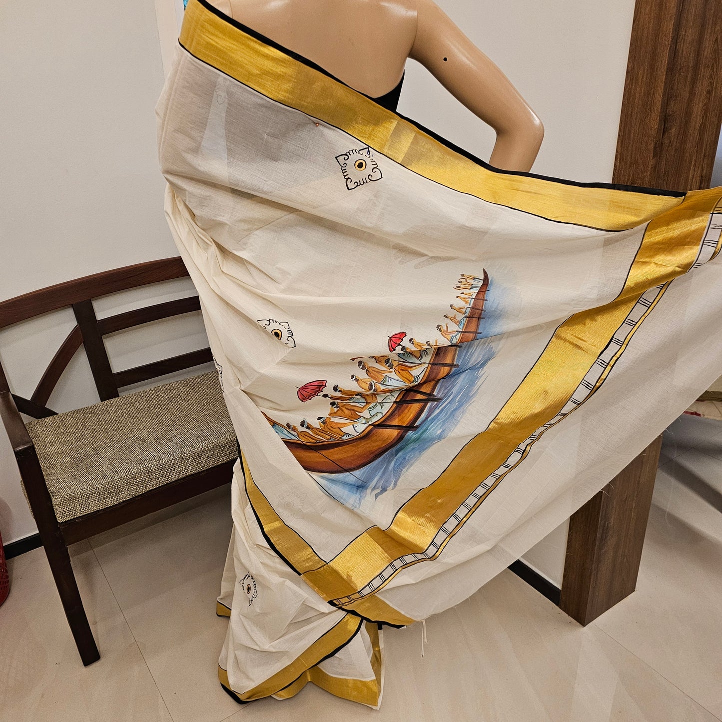 Hand-Painted Kerala Saree with Boat Race Motif