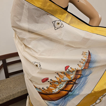 Hand-Painted Kerala Saree with Boat Race Motif