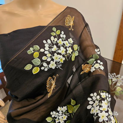 Stunning Black Organza Saree Adorned with Jasmine Flowers And Fluttering Butterflies