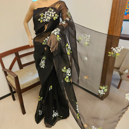 Stunning Black Organza Saree Adorned with Jasmine Flowers And Fluttering Butterflies