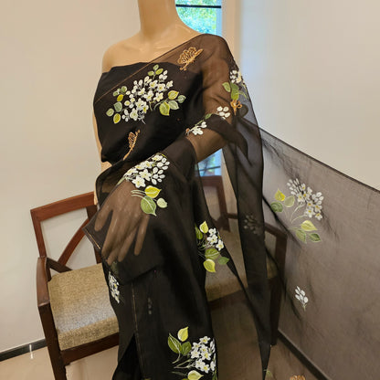 Stunning Black Organza Saree Adorned with Jasmine Flowers And Fluttering Butterflies