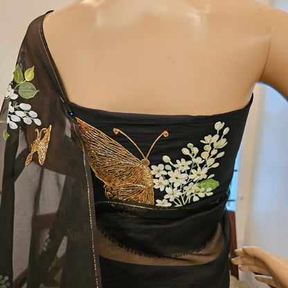 Stunning Black Organza Saree Adorned with Jasmine Flowers And Fluttering Butterflies