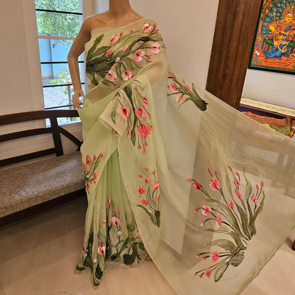 Gorgeous Hand-Painted Organza Saree