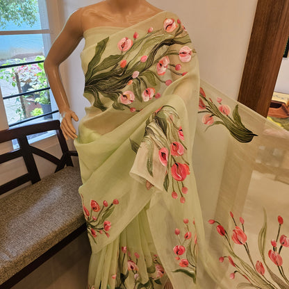 Gorgeous Hand-Painted Organza Saree