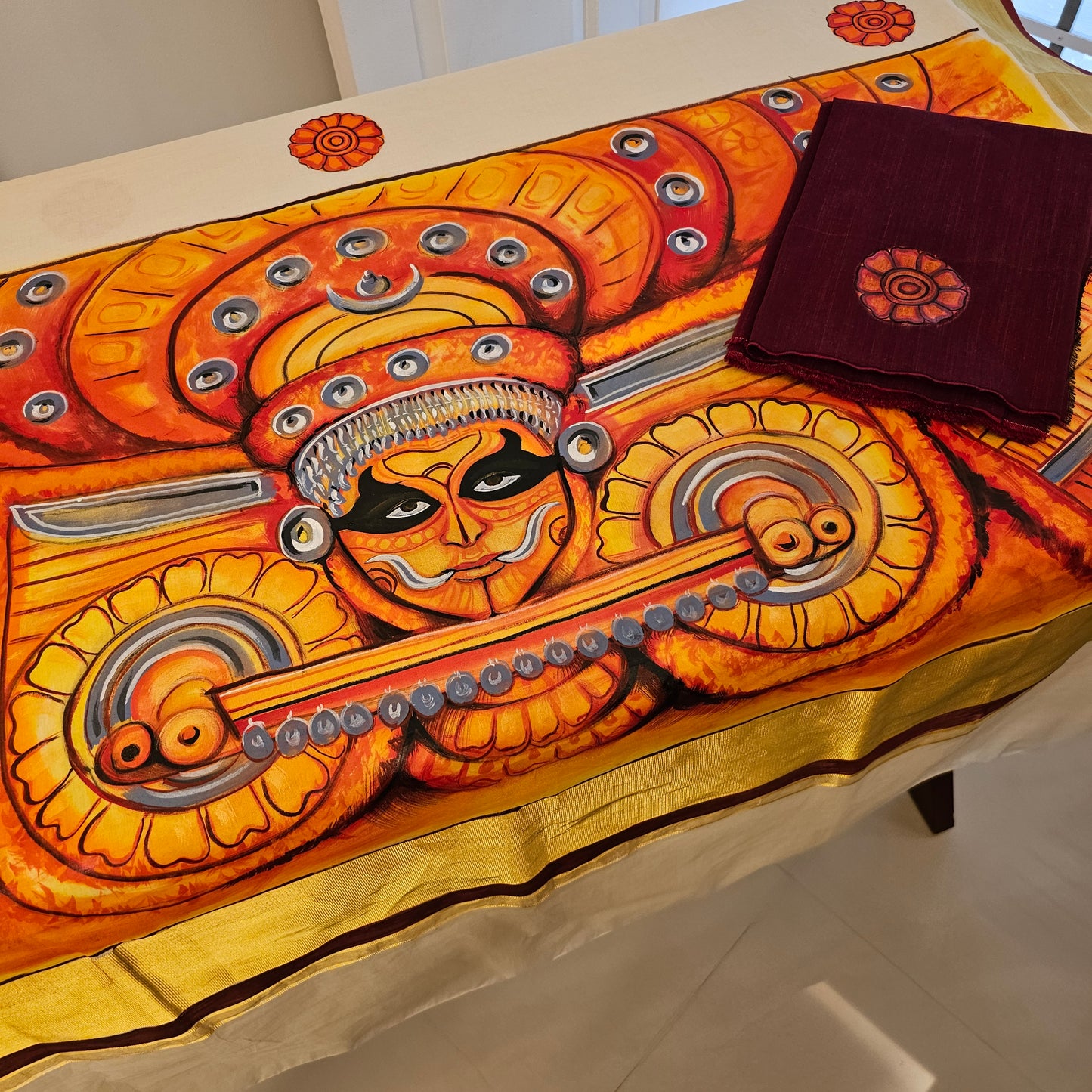 Majestic Theyyam Inspired Hand-Painted Kerala Saree