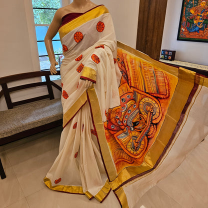 Majestic Theyyam Inspired Hand-Painted Kerala Saree