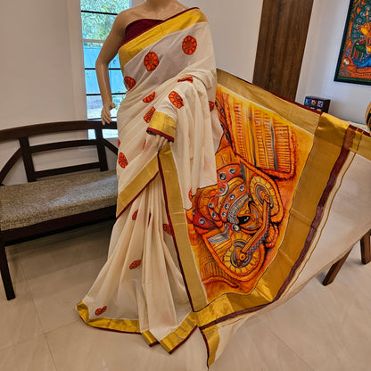 Majestic Theyyam Inspired Hand-Painted Kerala Saree