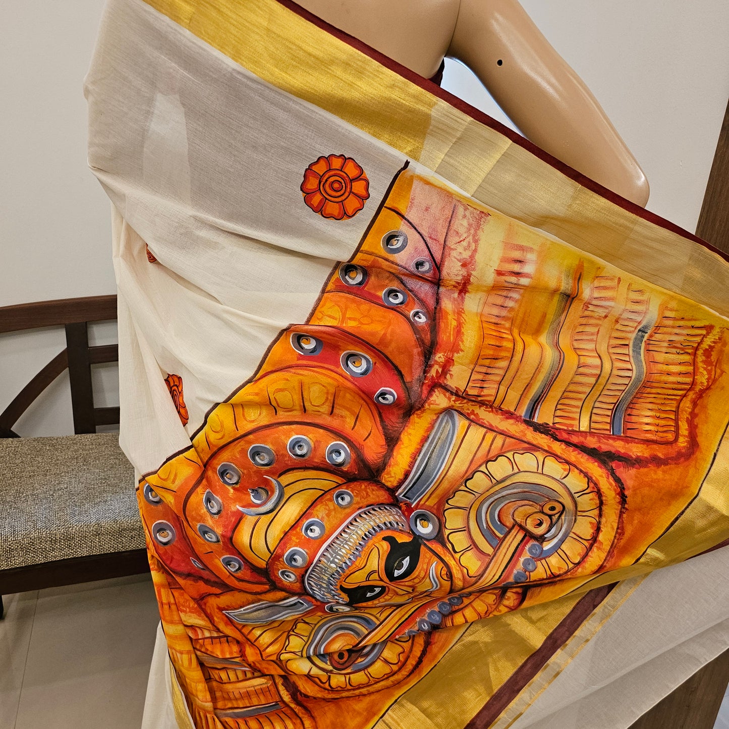 Majestic Theyyam Inspired Hand-Painted Kerala Saree