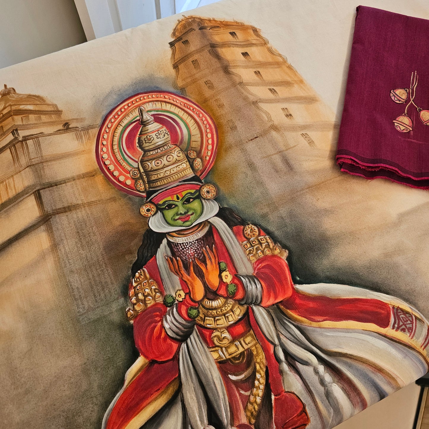 Magnificient Kathakali Motif Hand-Painted On Kerala Saree