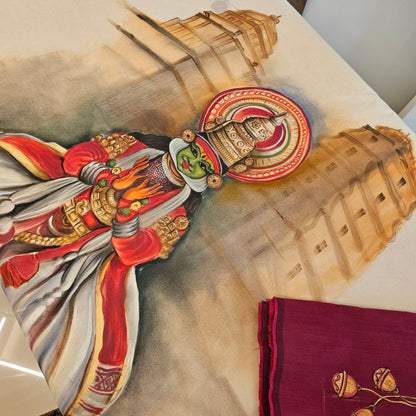 Magnificient Kathakali Motif Hand-Painted On Kerala Saree