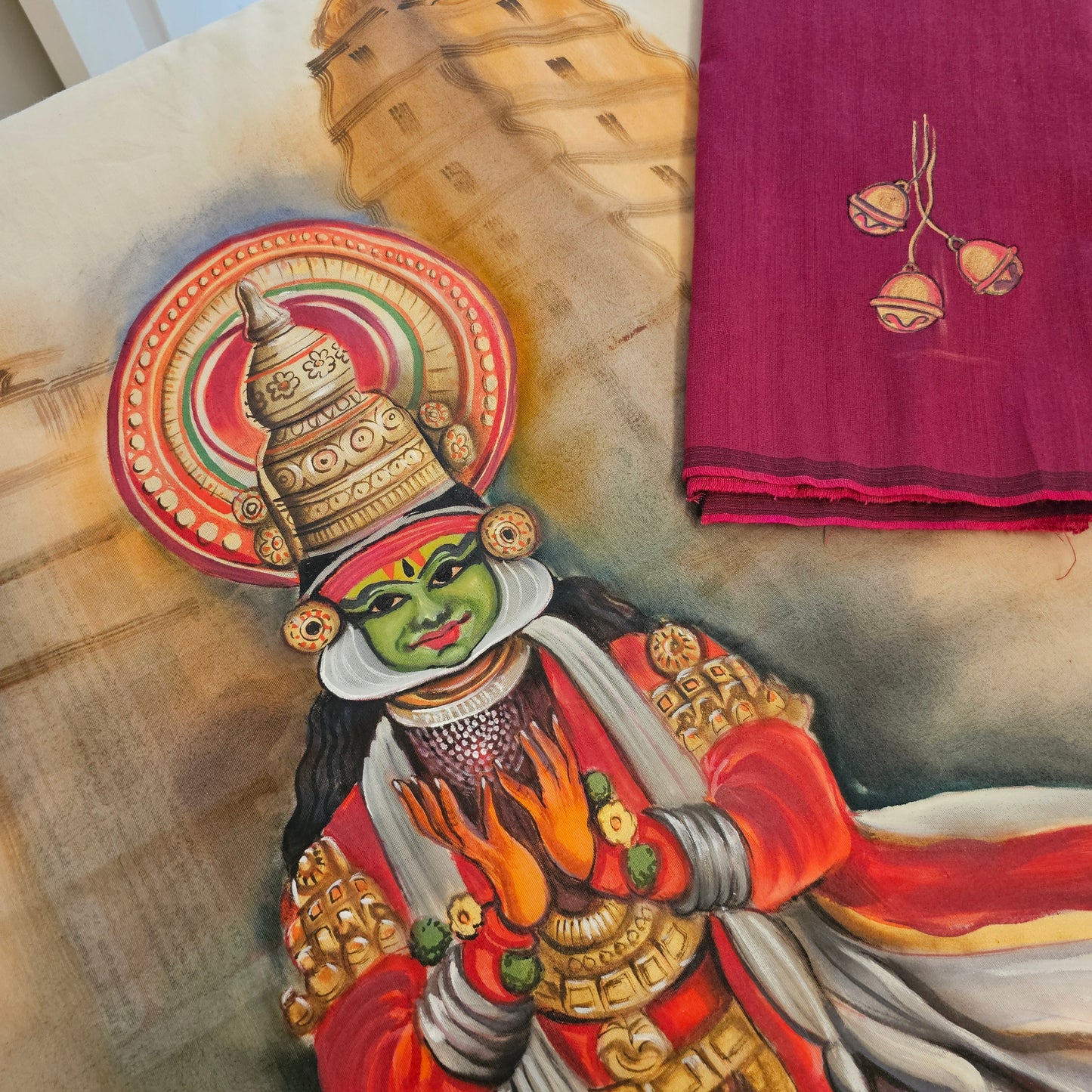 Magnificient Kathakali Motif Hand-Painted On Kerala Saree