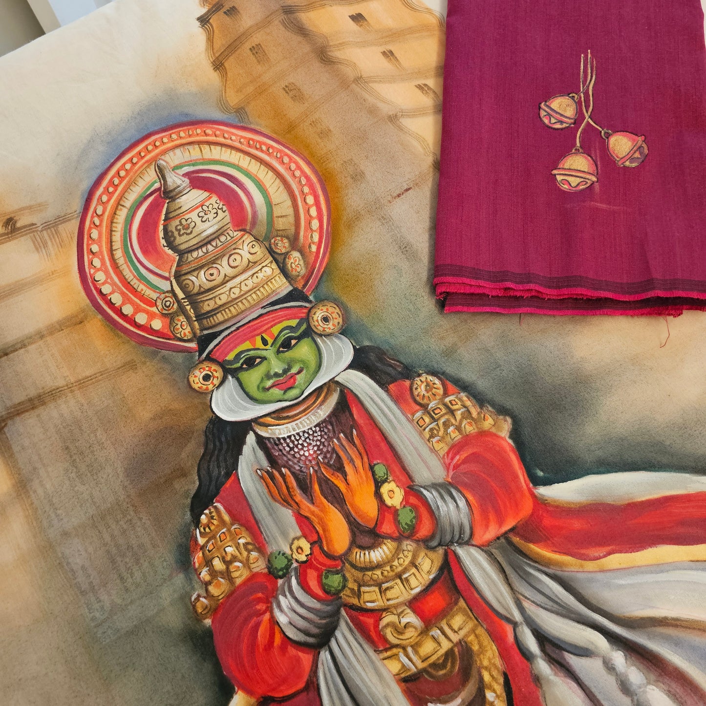 Magnificient Kathakali Motif Hand-Painted On Kerala Saree