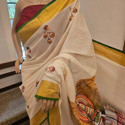 Magnificient Kathakali Motif Hand-Painted On Kerala Saree