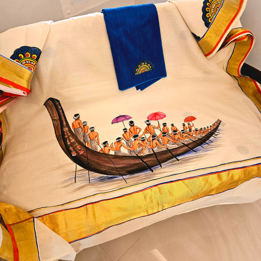 Traditional Kerala Saree With Handpainted Boat Race Motif