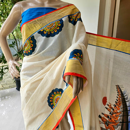 Traditional Kerala Saree With Handpainted Boat Race Motif