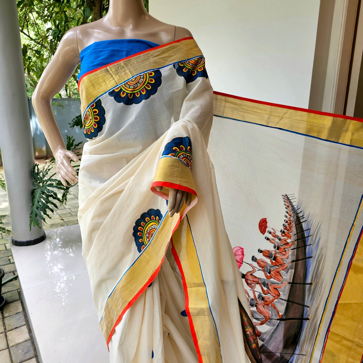 Traditional Kerala Saree With Handpainted Boat Race Motif