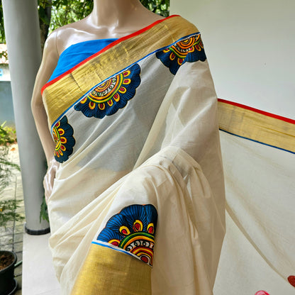 Traditional Kerala Saree With Handpainted Boat Race Motif