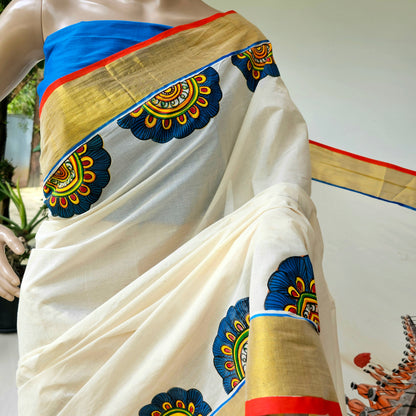 Traditional Kerala Saree With Handpainted Boat Race Motif