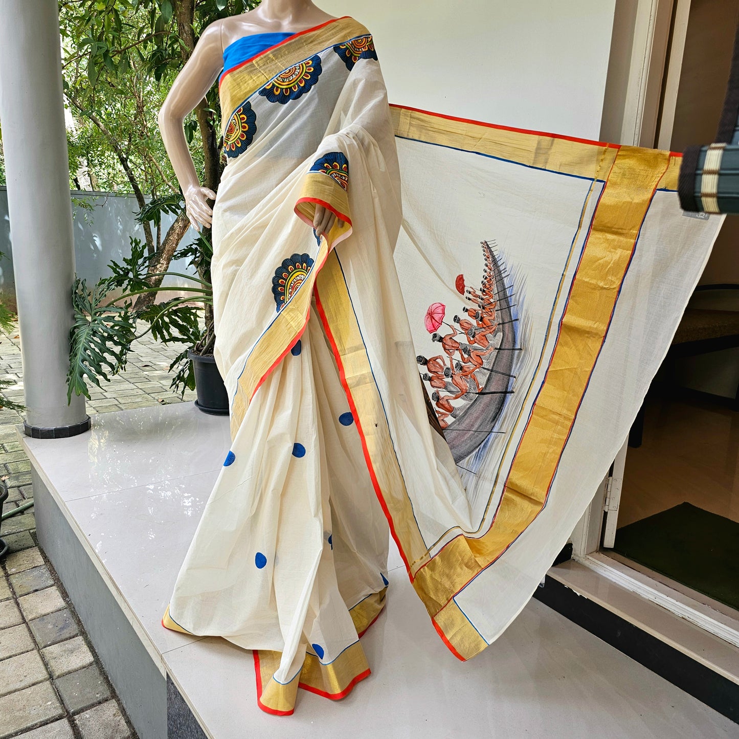 Traditional Kerala Saree With Handpainted Boat Race Motif