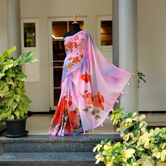 Hand Dyed Chanderi Silk Saree With Hand-Painted Elegance