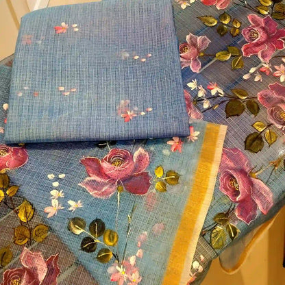 Hand-Painted 2 piece Kota Doria Set In Cool, Graceful Tones