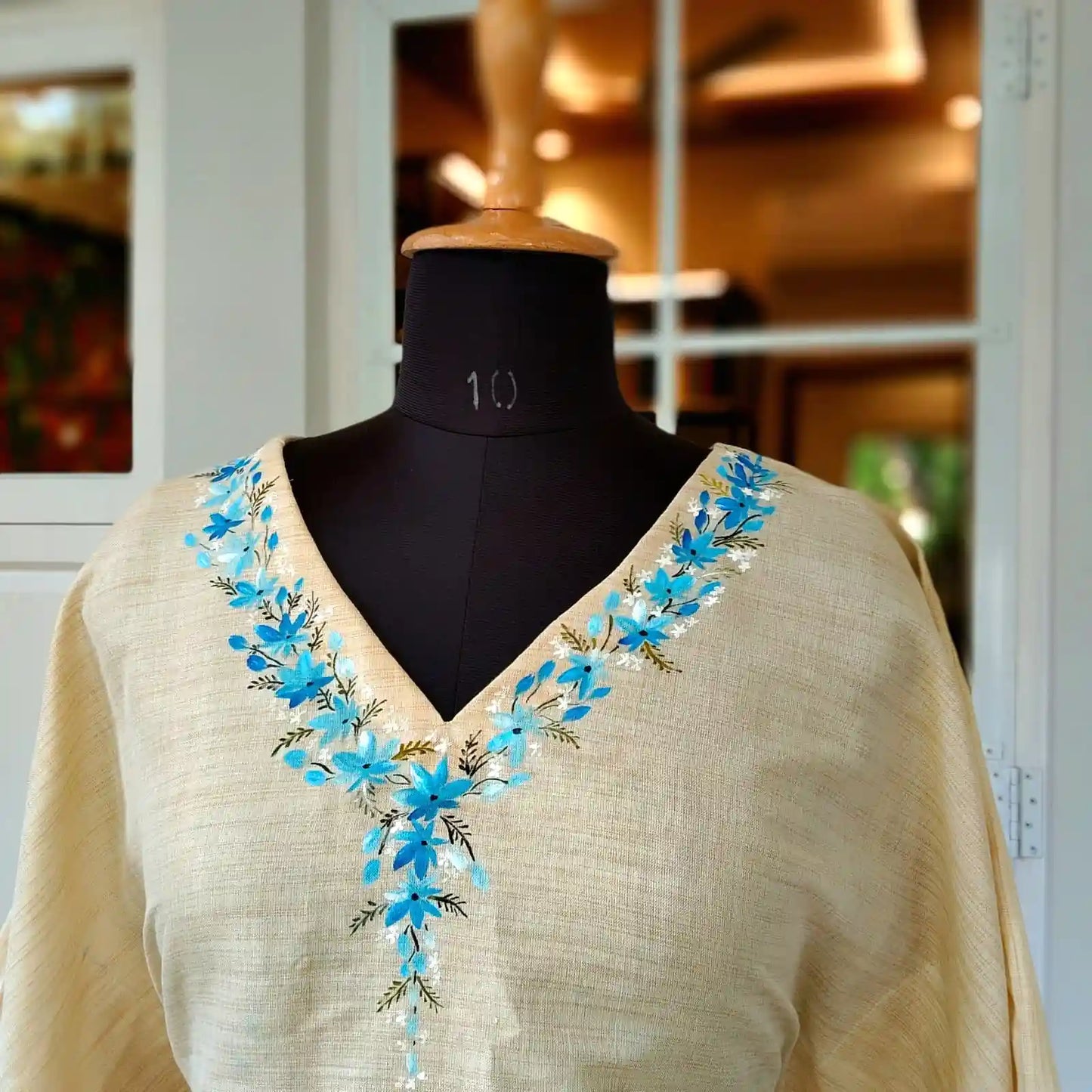 Hand-Painted Short Kaftan In Khadi Cotton