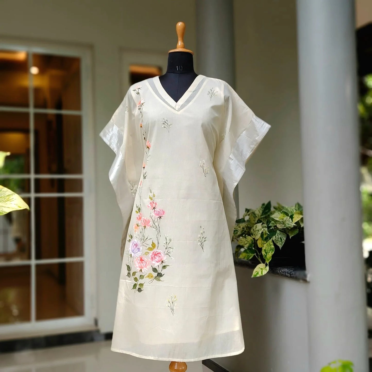 Hand-Painted Long Kaftan In Kerala Cotton Fabric