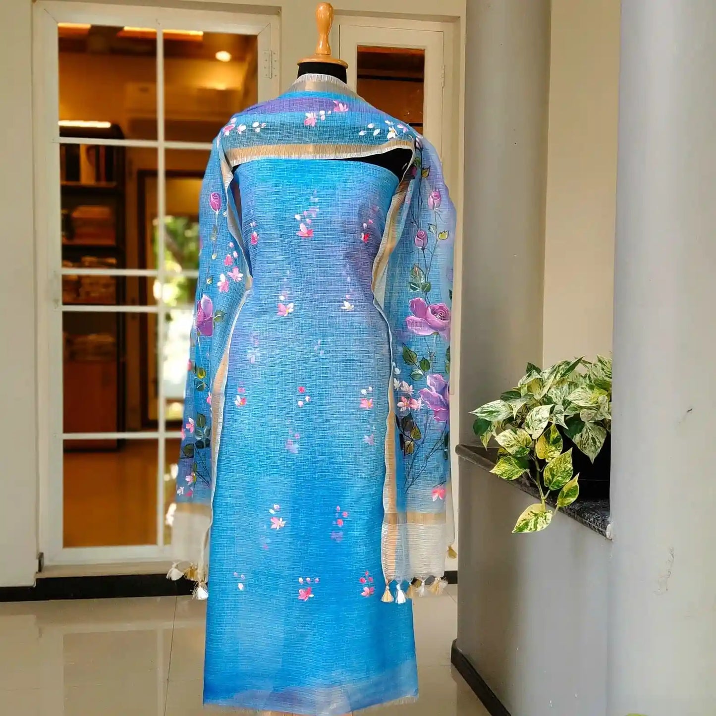 Hand-Painted 2 piece Kota Doria Set In Cool, Graceful Tones