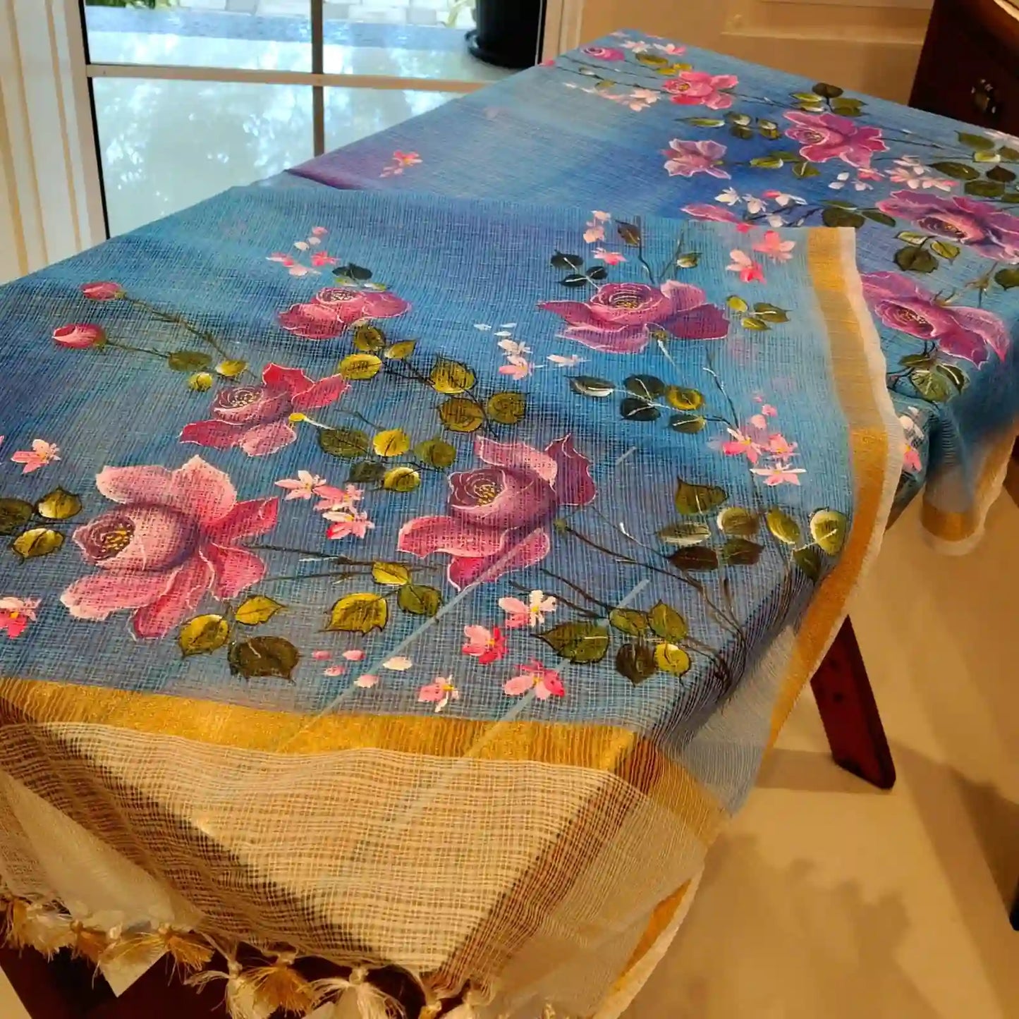 Hand-Painted 2 piece Kota Doria Set In Cool, Graceful Tones