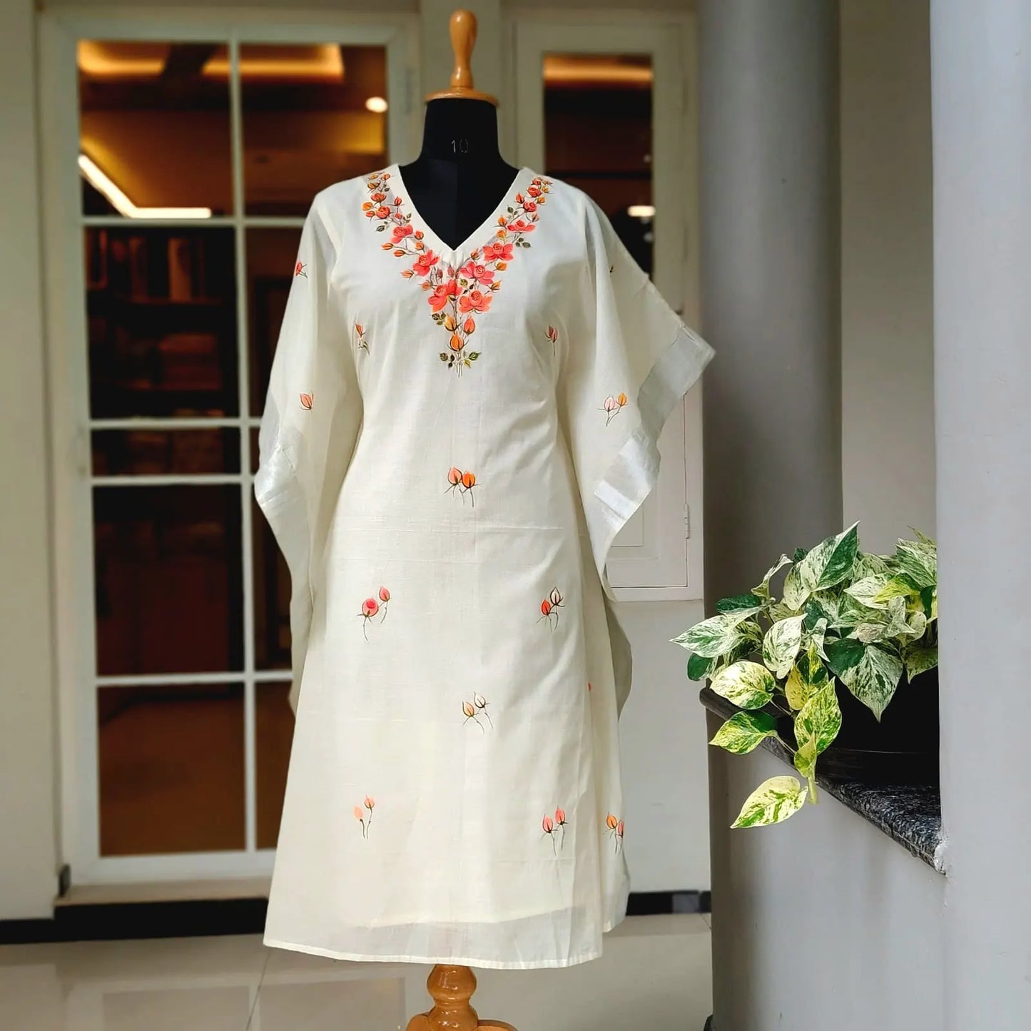 Long Kaftan Hand-Painted with Pretty wild Roses