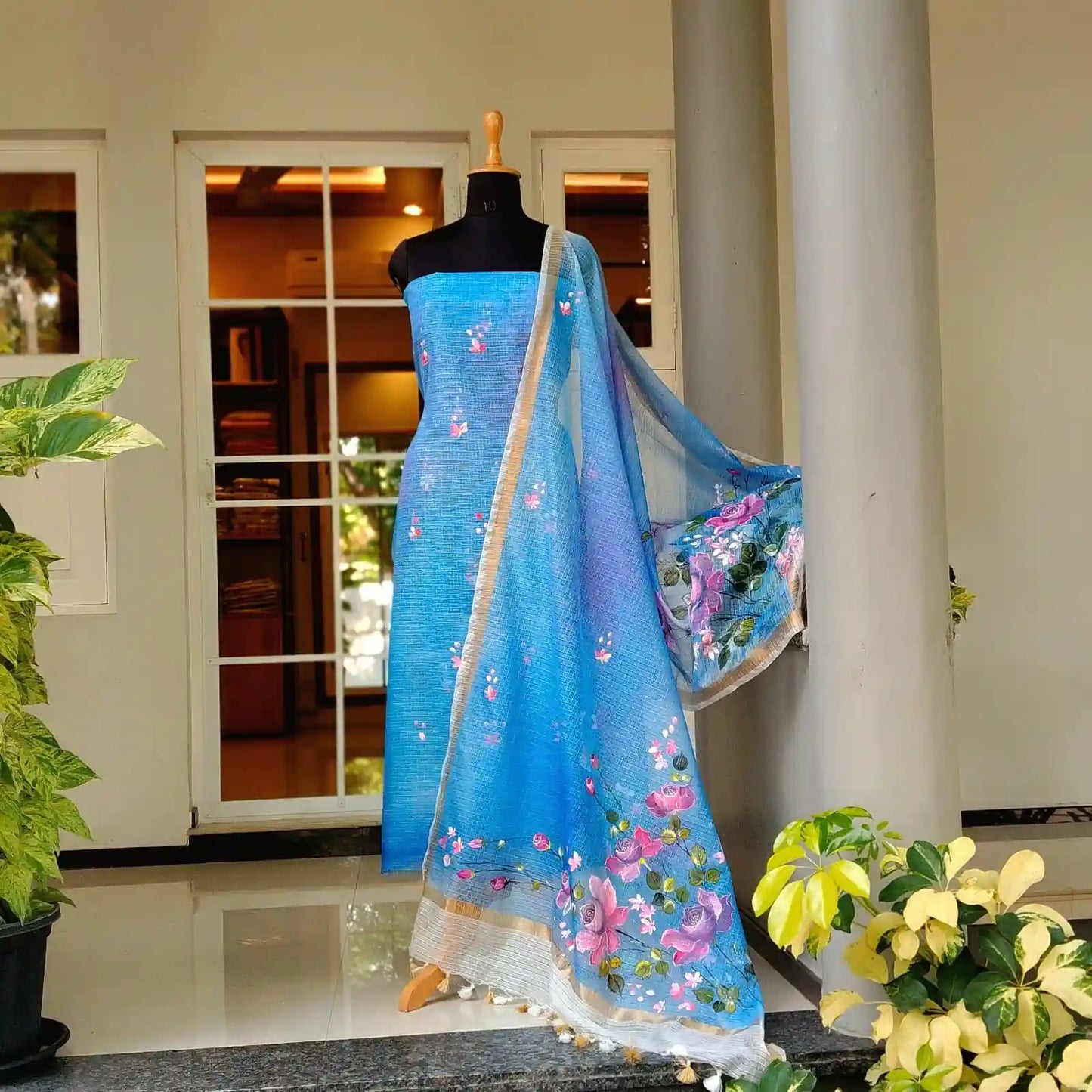 Hand-Painted 2 piece Kota Doria Set In Cool, Graceful Tones