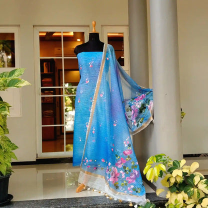Hand-Painted 2 piece Kota Doria Set In Cool, Graceful Tones