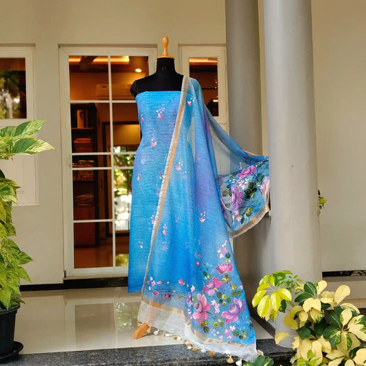 Hand-Painted 2 piece Kota Doria Set In Cool, Graceful Tones